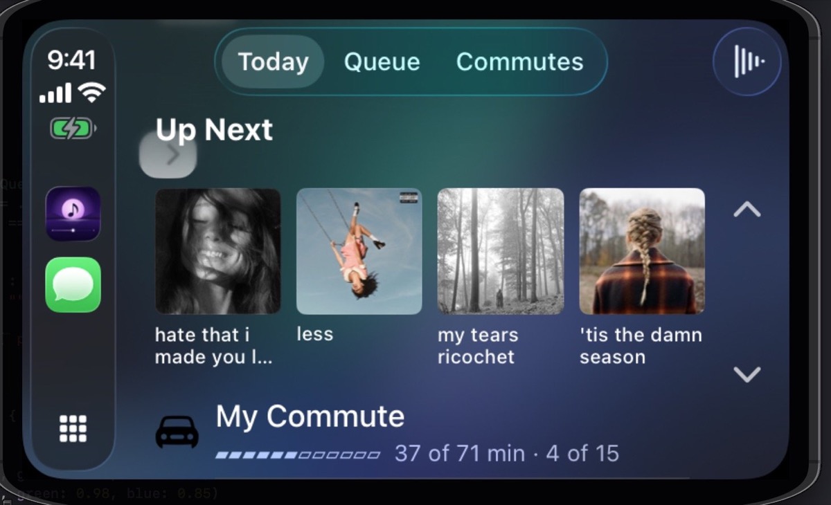 Tunelapse running in CarPlay, showing the Up Next queue and commute progress