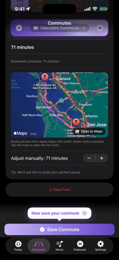 Tunelapse commute route and trip duration screen