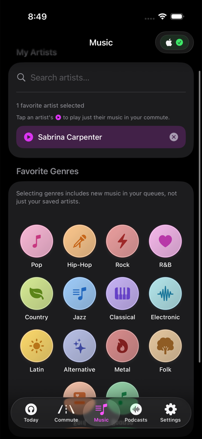 Tunelapse music preference selection screen