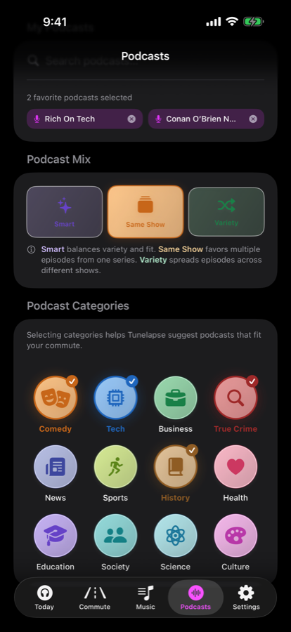 Tunelapse podcast preference selection screen
