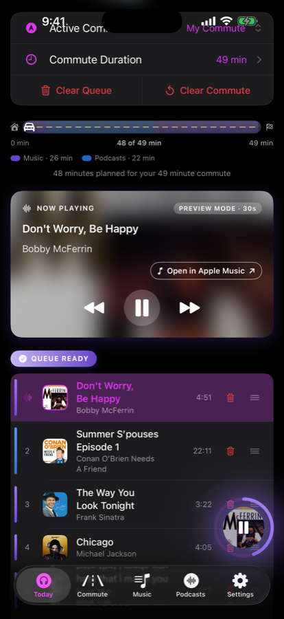 Tunelapse Now Playing screen during a commute